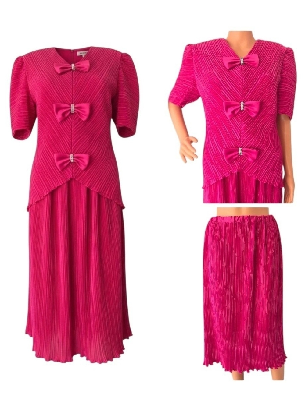 Vintage Karen Lawrence by Matthew Hot Pink Plisse Pleated Skirt Set Bows Top 12